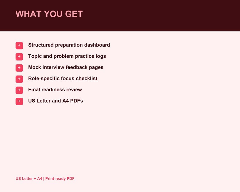 Puede incluir: Un documento digital titulado WHAT YOU GET con un encabezado oscuro y fondo claro. Incluye seis puntos: Structured preparation dashboard, Topic and problem practice logs, Mock interview feedback pages, Role-specific focus checklist, Final readiness review y US Letter and A4 PDFs.