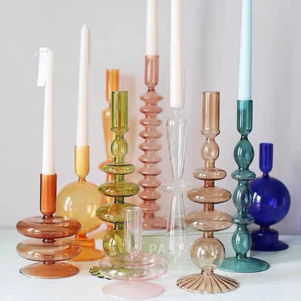 50+ Mid Century Home Decor Nordic Glass Candle Holder, Colorful Candlestick Holders for Taper Candles Glass Flower Vase, Art Interior Decor