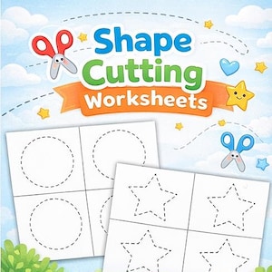 Op de afbeelding: Educatieve werkbladen om schaarvaardigheden te oefenen. De afbeelding toont wit papier met stippellijnen die cirkels en sterren vormen, samen met de tekst "Shape Cutting Worksheets" en "Practice Scissor Skills!"