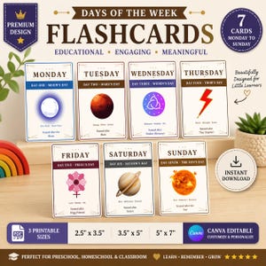May include: Educational flashcards for the days of the week, each card displaying a different celestial body or concept. The set includes seven cards, with the text "Days of the Week Flashcards". Printable sizes are available: 6.35cm x 8.89cm, 8.89cm x 12.7cm, and 12.7cm x 17.78cm.