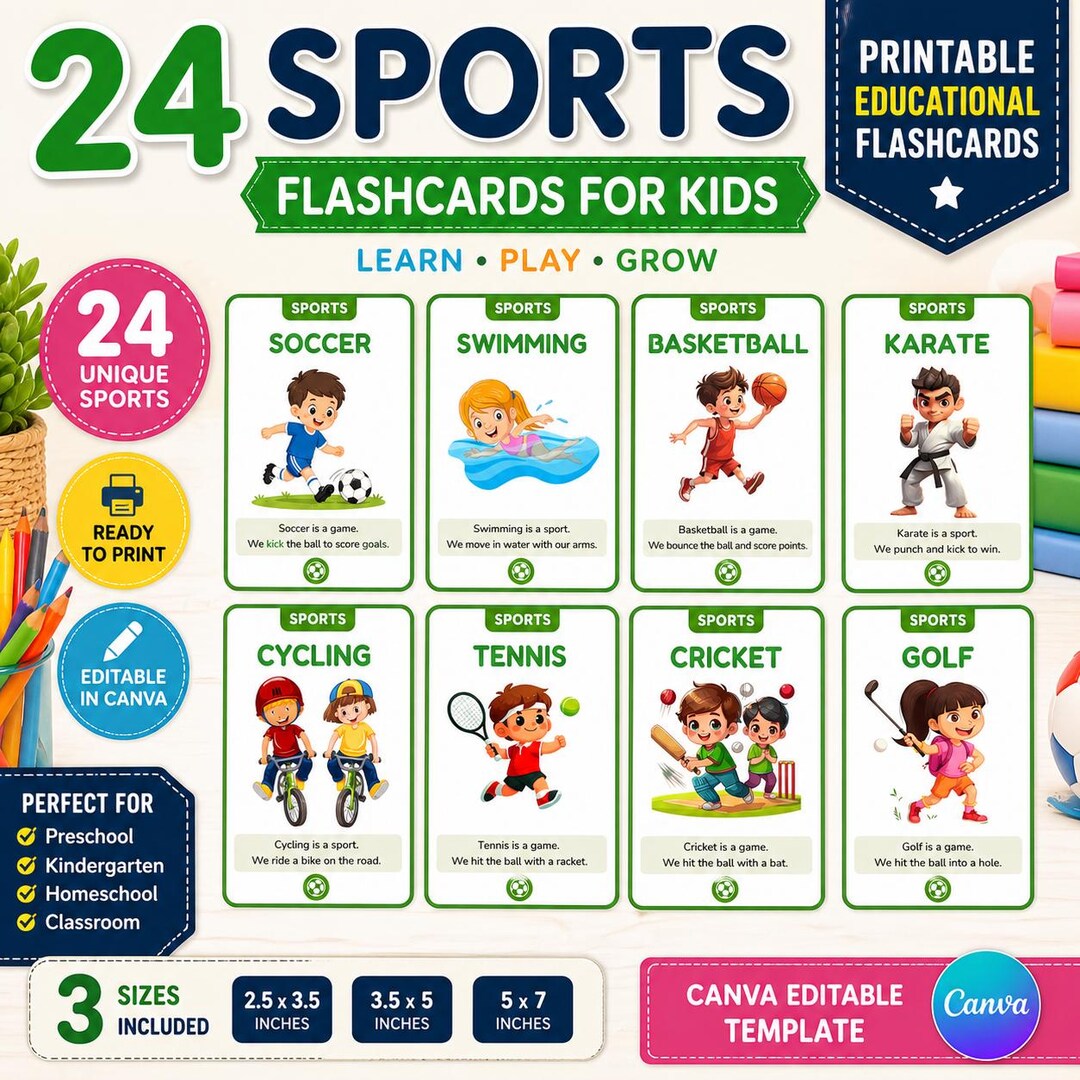 24 Sports Flashcards for Kids | Montessori Learning Cards, Homeschool ...