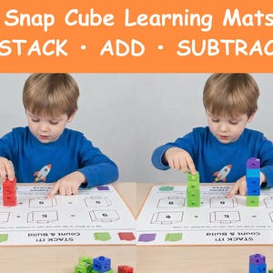 May include: Educational image featuring a child playing with colorful snap cubes on a learning mat. The mat has the text "STACK, ADD, SUBTRACT" and "STACK IT! Count & Build". The child is wearing a blue long-sleeve shirt with a rocket ship graphic.
