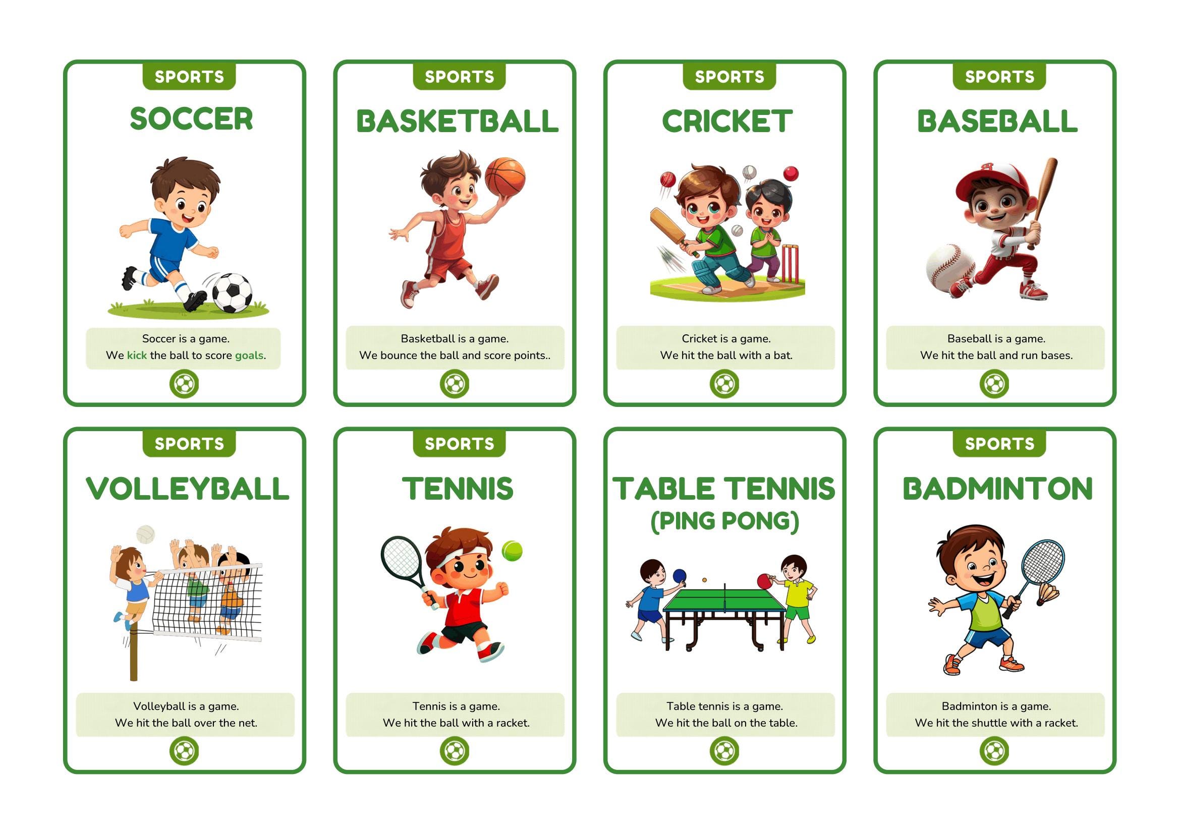 24 Sports Flashcards for Kids | Montessori Learning Cards, Homeschool ...