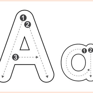 May include: A white background features the uppercase and lowercase letter "A" in black outline. Dotted lines with numbered circles indicate the stroke order for writing the letters. The uppercase "A" has three steps, while the lowercase "a" has two.