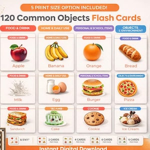 May include: A digital download featuring 120 common objects flash cards. The cards are categorized by food and drink, home and daily use, personal and school items, and objects and environment. The image includes a teddy bear, apple, banana, orange, bread, milk, egg, burger, pizza, sandwich, cake, cookie, and ice cream.
