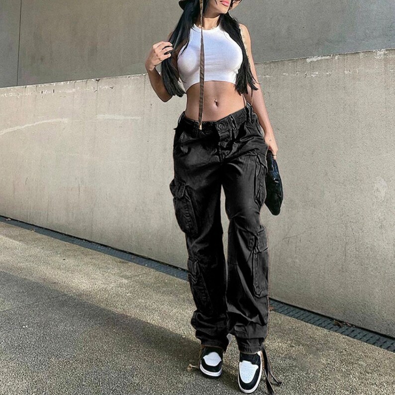 Vintage Cargo Pants Baggy Jeans Women Fashion 90s Streetwear Pockets Wide Leg High Waist Straight Y2k Denim Trousers Overalls 