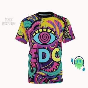Psychedelic Themed Shirt, Trippy Eye Mushroom Rave Graphic Tee, Acid Rave T-Shirt, Multicolored All-Over-Print Rave Top, EDM Festival Outfit