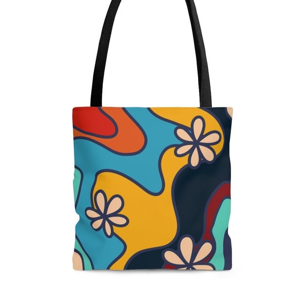 All over print flower tote bag, shoulder bag, tote bag, shopping bag, cute tote bag, reusable bag, tote, gift for her, beach bag, wavy tote