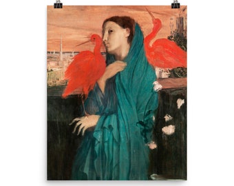 Pode incluir: Uma pintura de uma mulher com uma túnica azul esverdeada com dois pássaros vermelhos empoleirados em seu ombro e braço. A mulher está olhando para a esquerda da pintura. O fundo é uma cidade com um céu de pôr do sol.