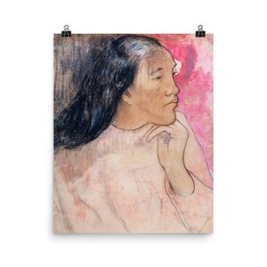 A Tahitian Woman with a Flower in Her Hair | Vintage, pink, portrait, woman, Tahiti, tropical, painting, maximalist, island