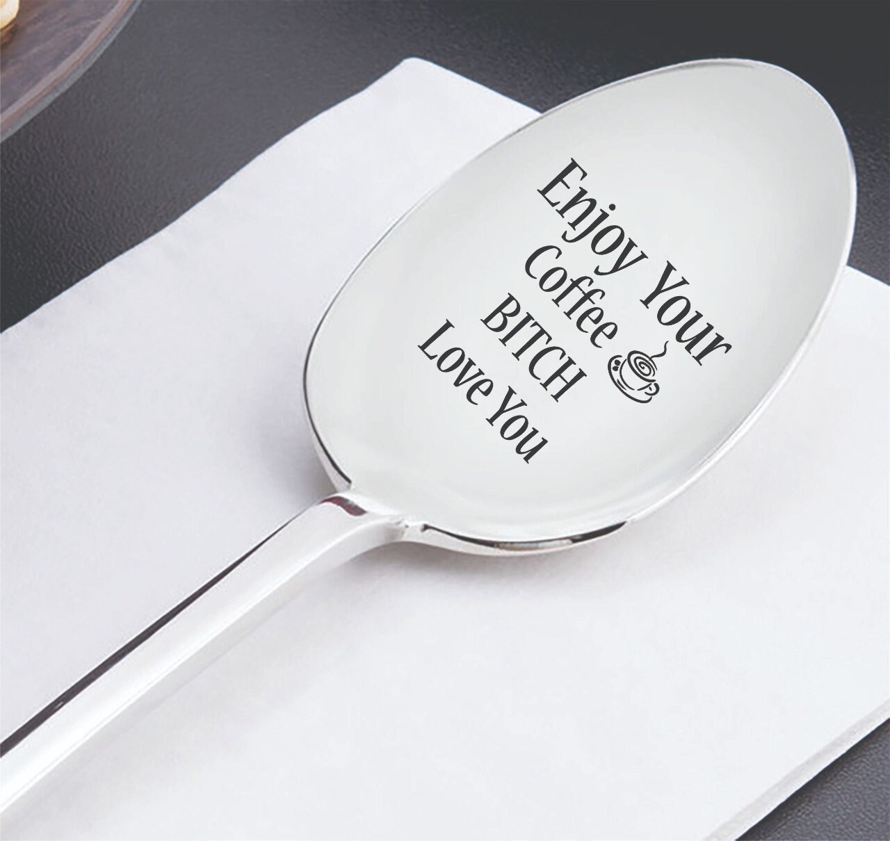 "Enjoy Your Coffee Love You" Engraved Stainless Steel Spoon - Funny Coffee Lover Gift For Birthdays, Christmas (7 Inch)