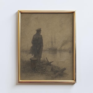 Harbor Watch – Vintage Naval Officer Wall Art, Sepia Maritime Sketch Poster for Study Decor