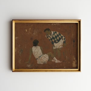 May include: A framed painting depicting two figures on a brown background. One figure sits wearing a white striped outfit, while the other stands wearing a green and white diamond-patterned sweater and white shorts, holding a tennis racket.