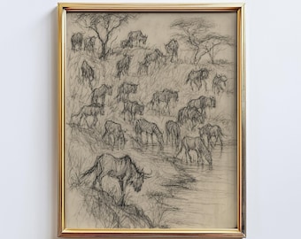 Savanna Crossing – African Wildlife Sketch Poster, Zebra and Wildebeest Wall Art Print, Safari Animal Drawing