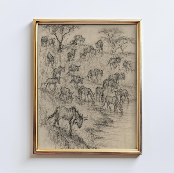 Savanna Crossing – African Wildlife Sketch Poster, Zebra and