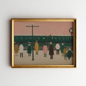 Platform Wait – Vintage Train Station Wall Art Print, Winter Railway Poster, Pink Sky Travel Decor