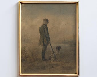 Puede incluir: Una impresión vintage enmarcada representa a una persona con un perro en un campo. La persona, con un abrigo largo y botas, sostiene un rifle. El perro, con pelaje moteado, está sentado cerca. La obra de arte está en tonos apagados, enmarcada en dorado.