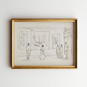 May include: A framed art print featuring a charcoal and light watercolor sketch of four figures standing in a gallery viewing three large abstract paintings on a wall. The artwork is enclosed in a thin, metallic gold-toned rectangular frame.