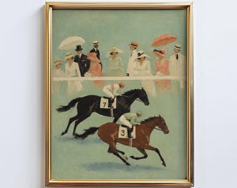 May include: A framed print depicting a horse race with two jockeys riding a black horse numbered 7 and a brown horse numbered 3. In the background, a crowd of spectators in formal attire and hats stands behind a white rail under a pale green sky.