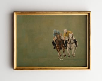 May include: A framed horizontal wall art print depicting two polo players on horseback in motion. One rider wears a blue shirt and helmet on a brown horse, while the other wears a yellow shirt and white helmet on a white horse, both holding mallets.