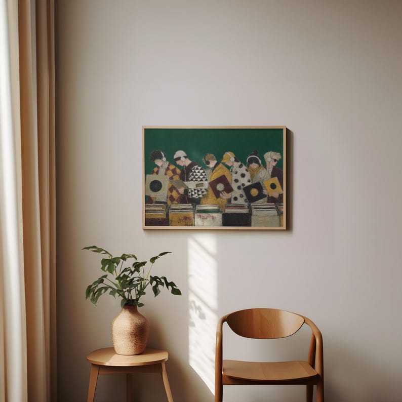 May include: A rectangular framed wall art print featuring a horizontal illustration of six individuals wearing headphones while browsing through rows of vinyl records. The figures are depicted in various outfits against a solid dark green background.