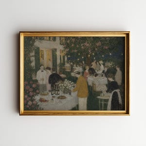 May include: A framed art print depicting an evening garden party scene with people gathered around tables set with food and drinks. The painting features a house in the background, a large tree with hanging lights, and figures in formal attire.