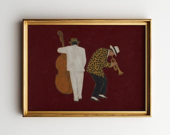 Burgundy Jazz – Vintage Jazz Musician Poster, Trumpet and Double Bass Wall Art Print