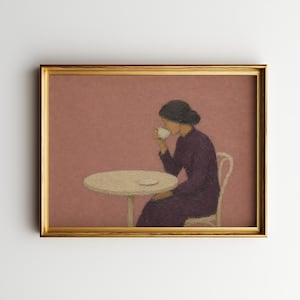 Tea Pause – Woman Drinking Tea Wall Art, Soft Pink Cafe Poster, Quiet Feminine Print
