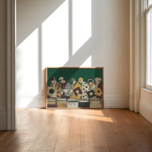 May include: A rectangular framed print featuring a horizontal illustration of six individuals wearing headphones and winter clothing, each holding a vinyl record while standing in front of rows of record crates against a solid dark green background.
