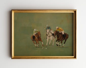 Polo Match – Vintage Polo Wall Art Print, Equestrian Sports Painting, Olive Green Horse Poster