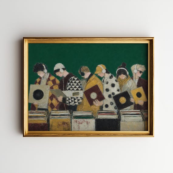 Record Hunt – Vintage Vinyl Wall Art Print, Record Store Poster with Music Lovers and Green Retro Decor