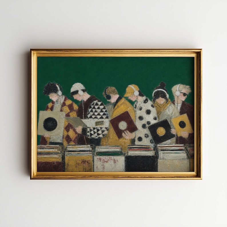 May include: A framed painting depicting six individuals wearing headphones and looking through vinyl records. The figures are dressed in patterned coats and jackets against a solid dark green background, each holding a square record sleeve.