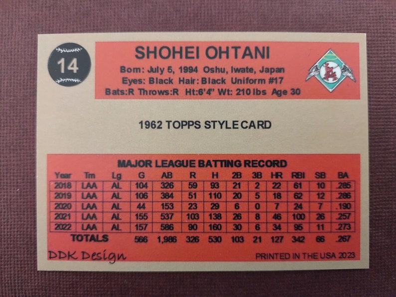 1962 Retro Baseball Card of Shohei Otani novelty Reprint Card ...