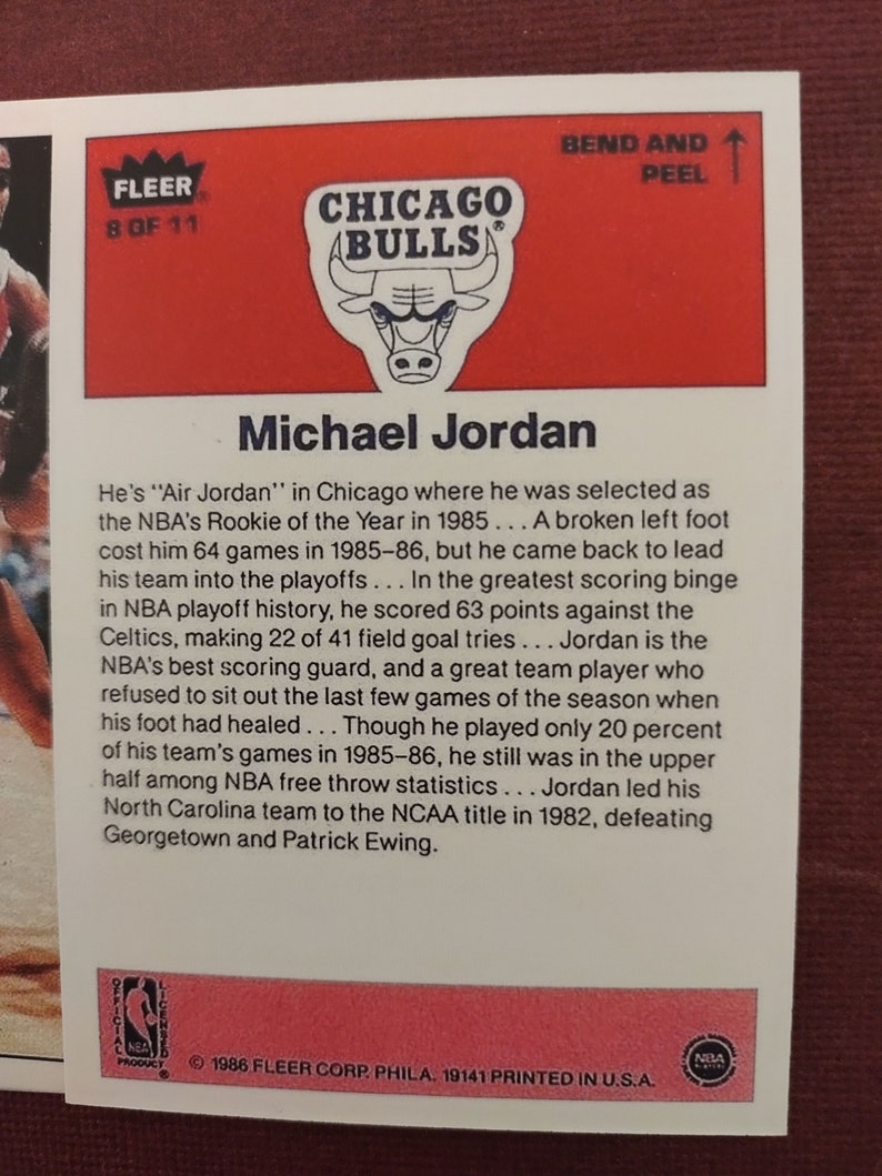 1986 Fleer Basketball Michael Jordan Sticker Card Reprint 1st Year Card