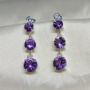 Natural Amethyst Earrings, Fantasy Cut, 3 Stones Earrings, 925 Sterling Silver Earrings, Anniversary Gifts, #Sh603