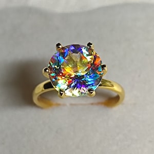 Magical Mystic Topaz Ring, Portuguese Cut, Gold Plated, 925 Sterling Silver Ring, Solitaire Art Deco Ring, Engagement Ring, #Sh615