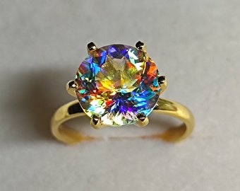 Magical Mystic Topaz Ring, Portuguese Cut, Gold Plated, 925 Sterling Silver Ring, Solitaire Art Deco Ring, Engagement Ring, #Sh615