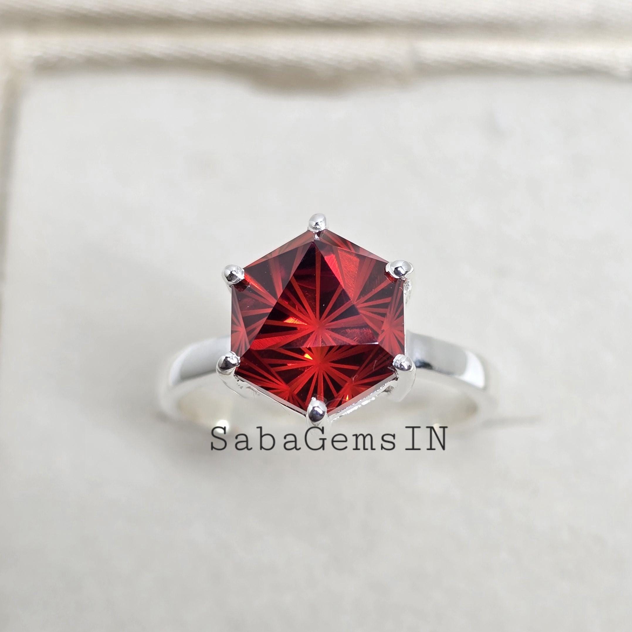 Red Cubic Zirconia Ring, Hexagon Shape, Fantasy Cut, 925 Sterling