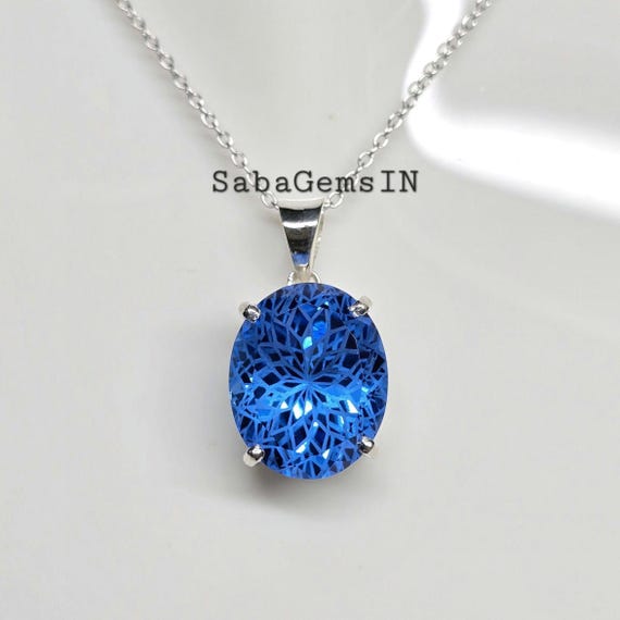 Synthetic Spinel Gemstone Pendant, Fantasy Cut Stone, Oval Shape, 925 Sterling Silver, Solitaire Art Deco Pendant, Anniversary Gifts, #Sh812