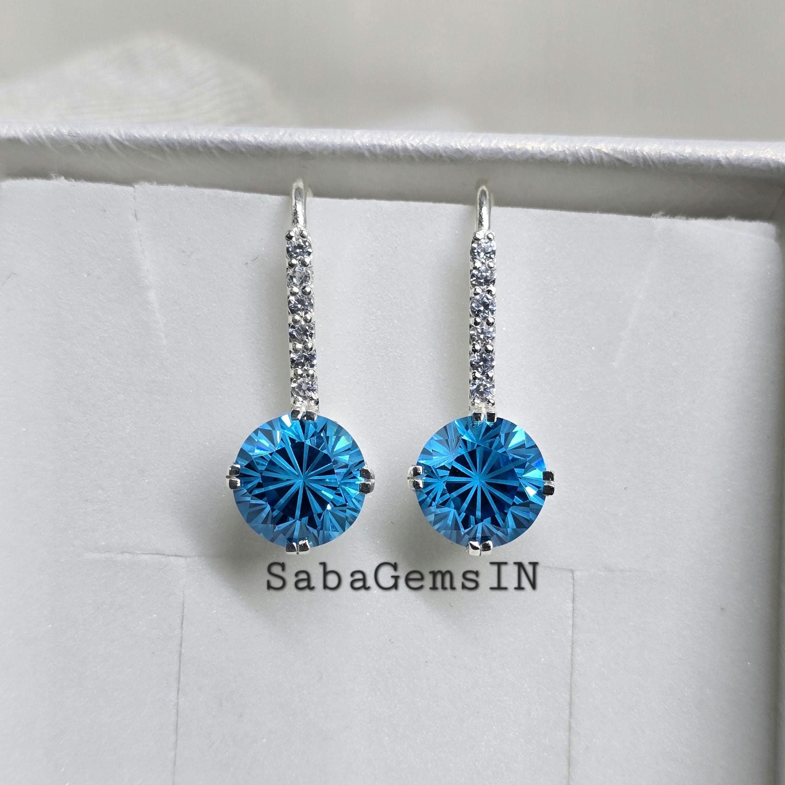 Blue Cubic Zirconia Earrings, Dangle Earrings, Fantasy Cut, Round