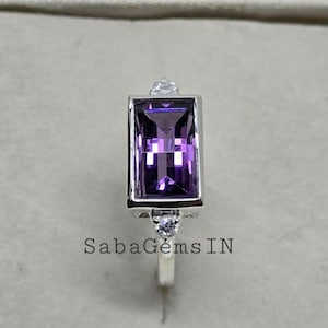 Pierścionek z naturalnym kamieniem szlachetnym ametystu, pikselowy szlif, 6×10 MM szlif fantasy, pierścionek ze srebra próby 925, pierścionek zaręczynowy, prezent świąteczny, #Sh656