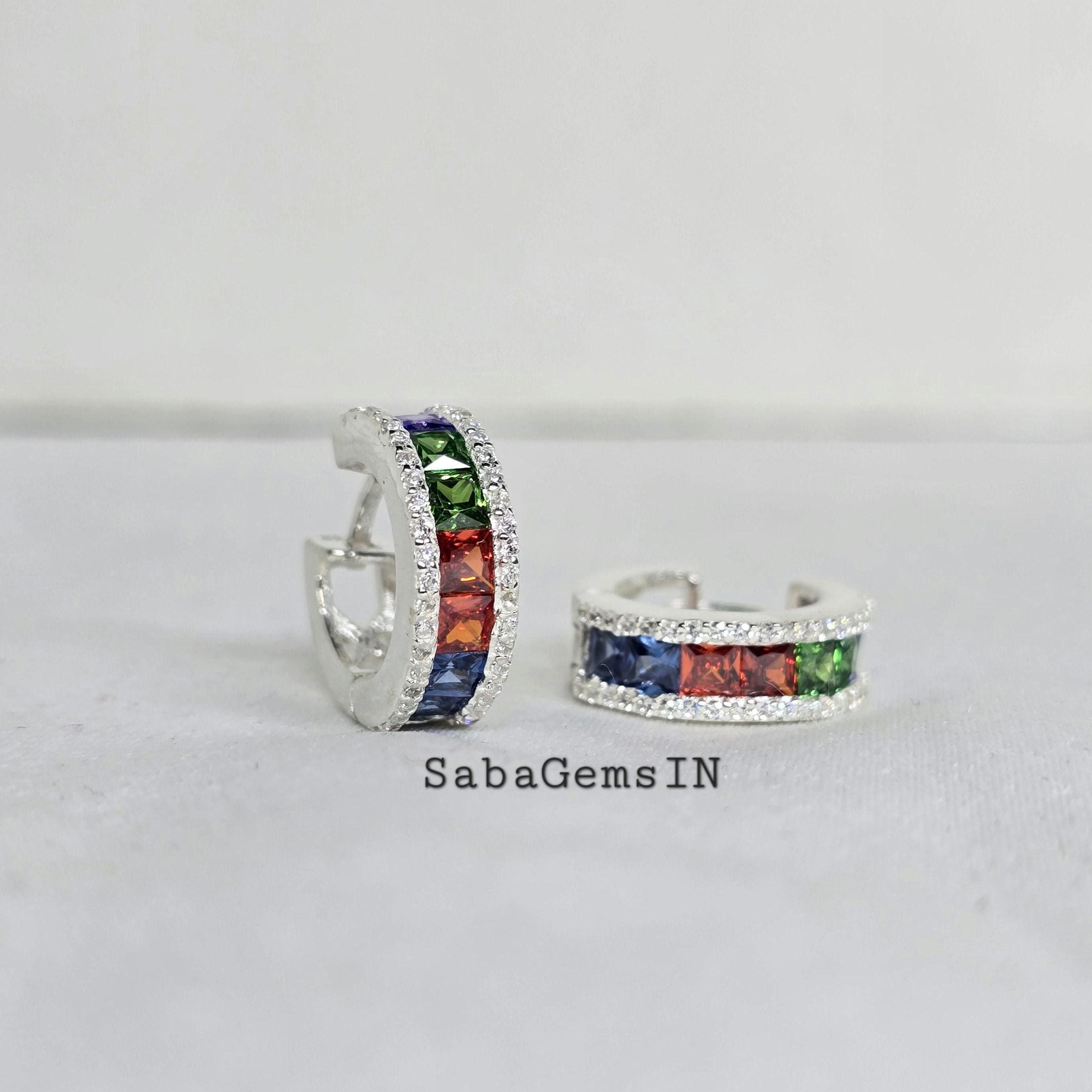 Multi Colour Cubic Zirconia Hoop Earrings, Prince Cut Square, 925 Sterling Silver Earrings, Wedding & Anniversary Gifts, #Sh767