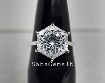 Natural Crystal Hexagon Ring, Ultra Fantasy Cut Gemstone Ring, 925 Sterling Silver Ring, Solitaire Art Deco Ring, Christmas Gift, #Sh784