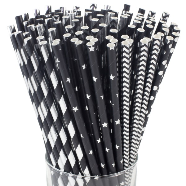 KEDON Black Silver Straws Disposable Decorative Drinking Paper Straws 100 for Cocktails, Bridal Shower, Birthday Wedding Cake Pops Sticks