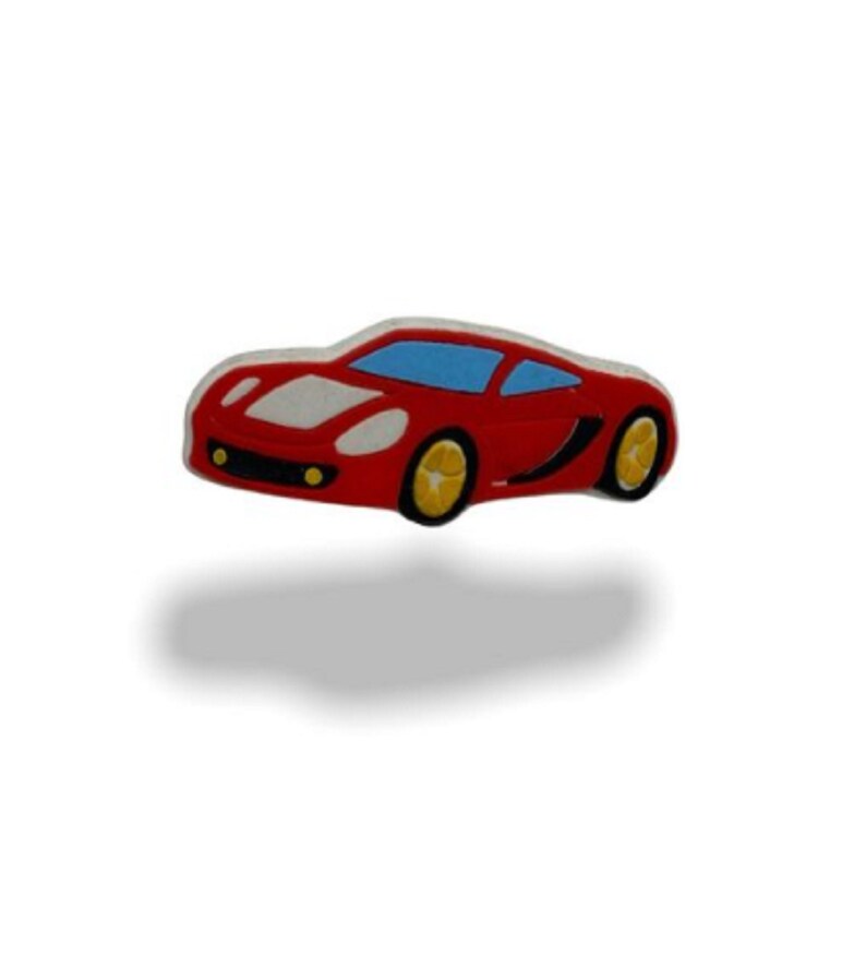 May include: A red toy car with a blue windscreen and yellow wheels.