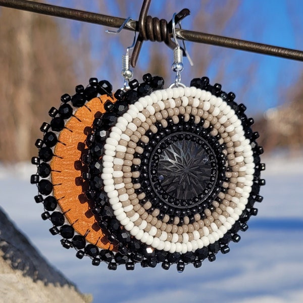 Fog | Large Round Beaded Earrings, Black, Grey and White Beaded Earrings