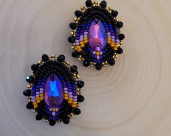 Purple & Orange Ombre Beaded Earrings, Teardrop Beaded Earrings