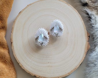 White Iridescent Teardrop Beaded Earrings: Hypoallergenic Seed Bead Jewelry