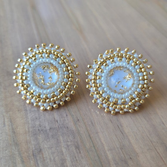 Early Morning Sunshine Round Beaded Earrings White and Gold Beaded Earrings