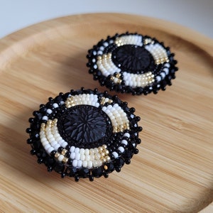 Winter Sunrise | Round Beaded Earrings, White, Gold and Cream Beaded Earrings